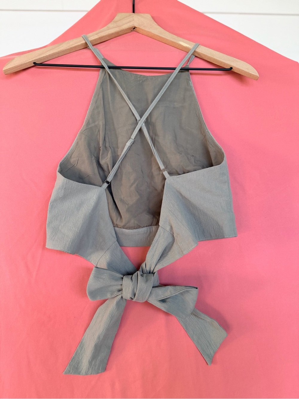 Mahina Sage Green Open Back Halter Crop Top Tie Bow Resort Coastal S